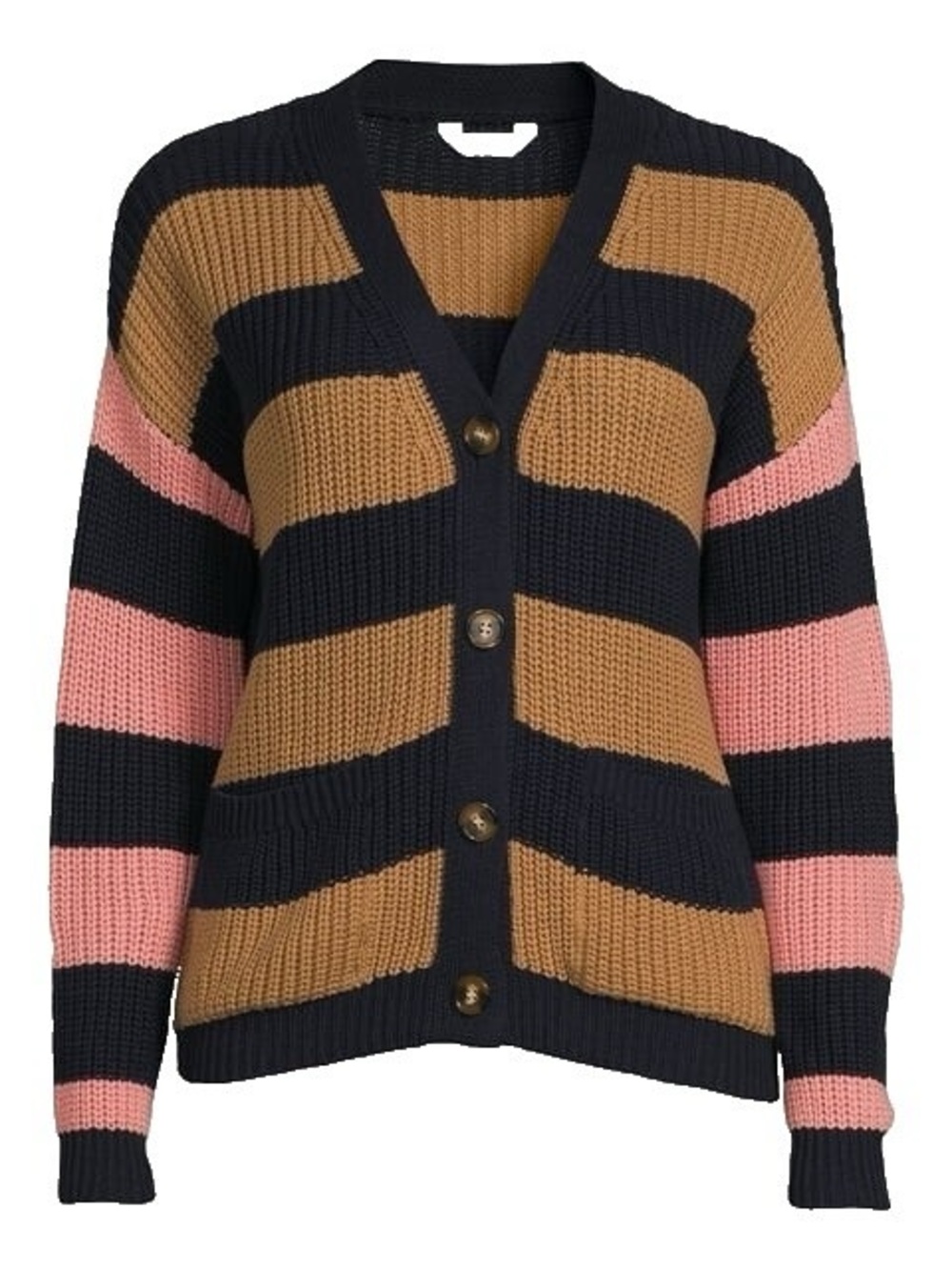 Time and Tru Striped Chunky Cardigan in Navy, Camel & Pink